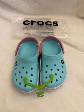 CROCS Kids Crocband Clogs in the Ice Blue / White / Pink